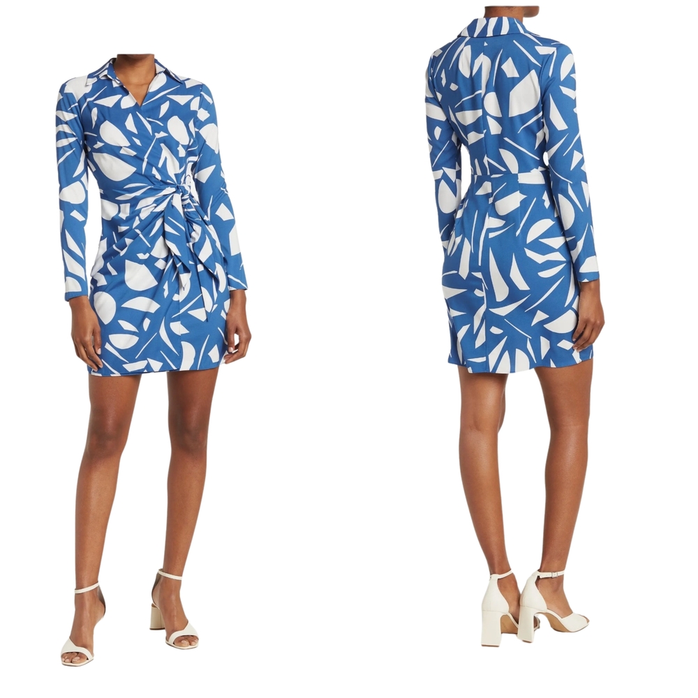 London Times Blue and White Long Sleeve Faux Wrap Dress, Size 12 - Picture 3 of 12